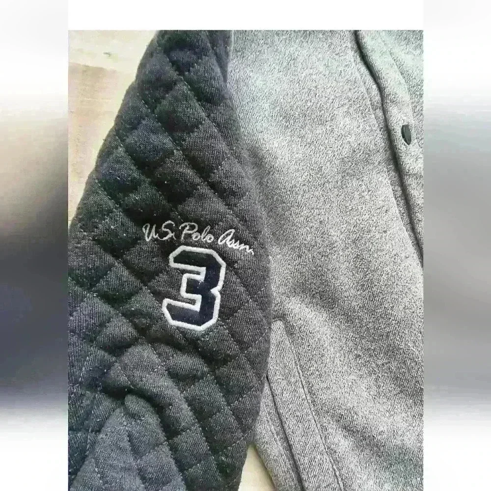 US Polo Assn Graphics Logo Button Up Varsity Jacket Coat Boys Size 7 Gray